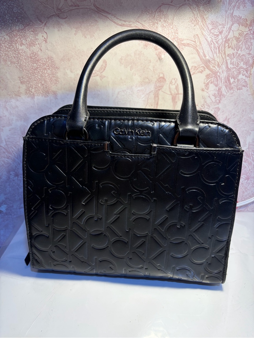 Calvin Klein Black Embossed Logo Satchel Purse